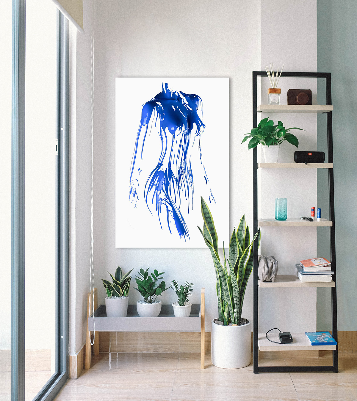 Abstrakte Aktfotografie Silhouette iner Frau Torso Farbe Blau mit weiß Leinwandbild Canvas Art Print Kunstdruck
