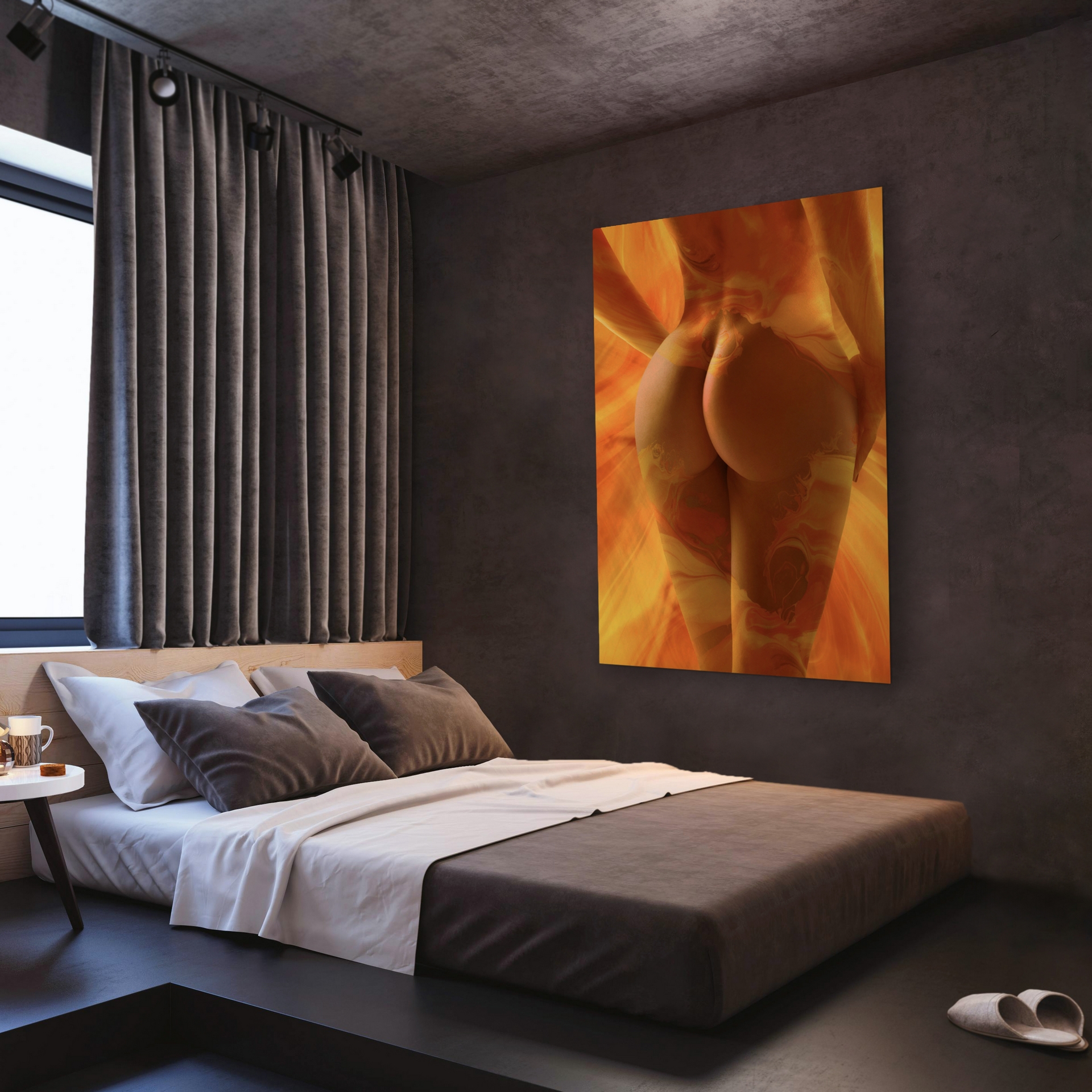 Erotisches Kunstwerk / Fotokunst mit Bodypainitng orange geld - Frauenkörper Po Beine Leinwandild Galerie Schlafzimmer Kunst